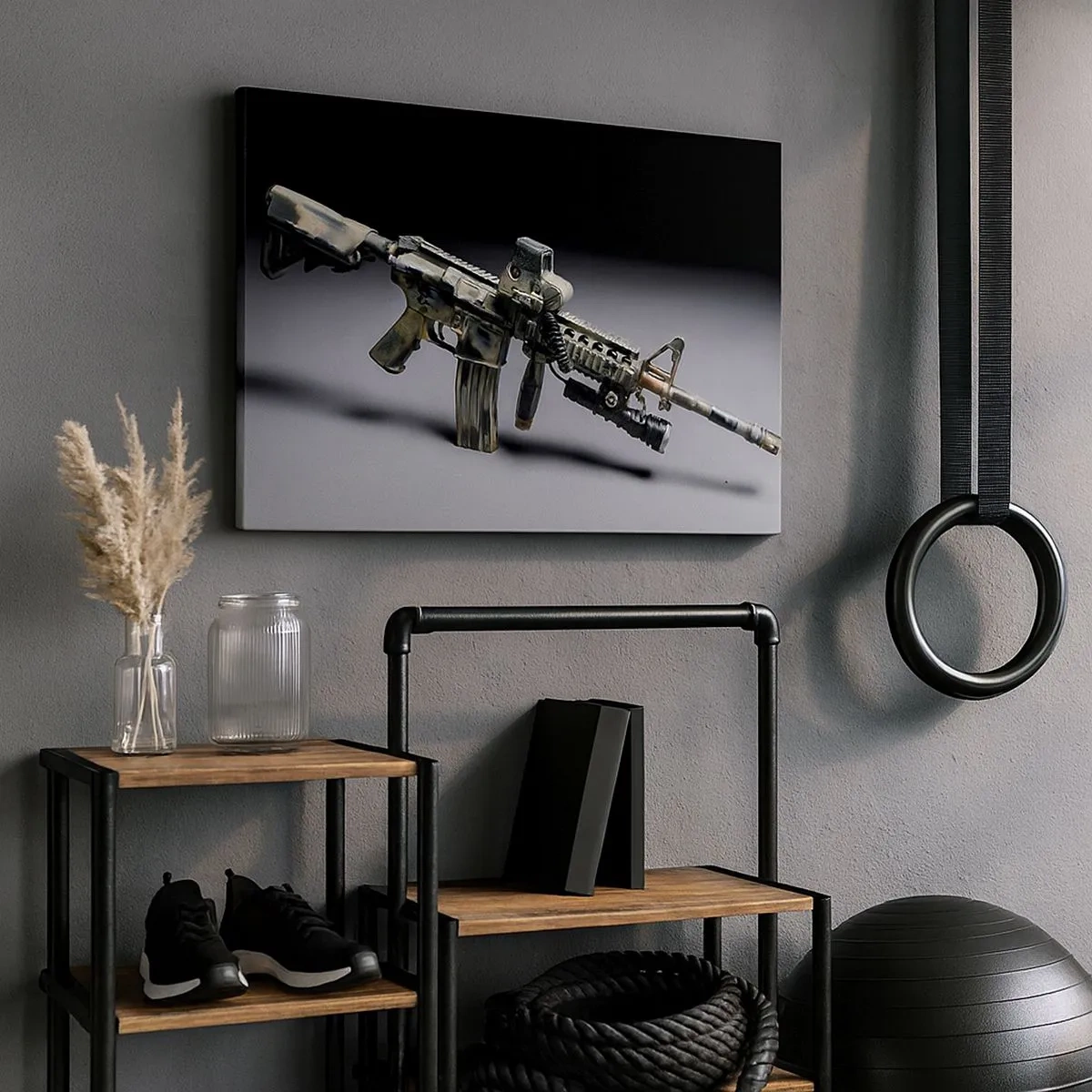 Vászonkép - Modern fegyver álcázó színben, sötét háttér előtt - 70x50cm - Mindig veszélyes - Modern fali dekoráció nappalihoz és hálószobához ARTTOR