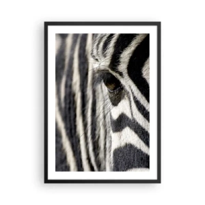 Poszter fehér keretben - Egy zebra szemének közeli képe a jellegzetes mintázatával. - 50x70cm - Csíkos portré - Modern fali dekoráció nappalihoz és hálószobához ARTTOR