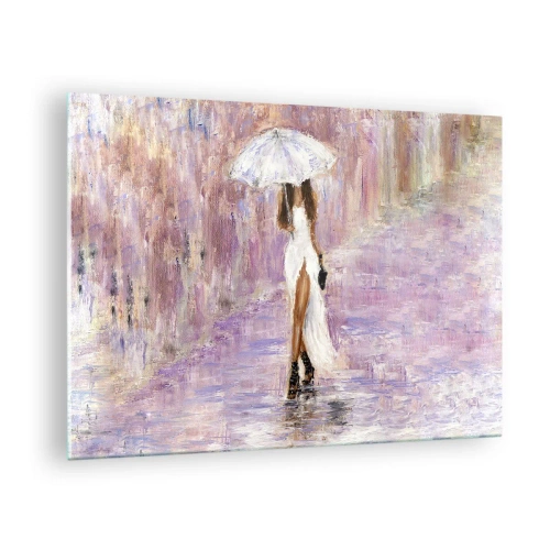 Üveg kép - Egy esernyős nő alakja egy orgonális esős jelenetben - 70x50cm - A liliomos esőben - Modern fali dekoráció nappalihoz és hálószobához ARTTOR