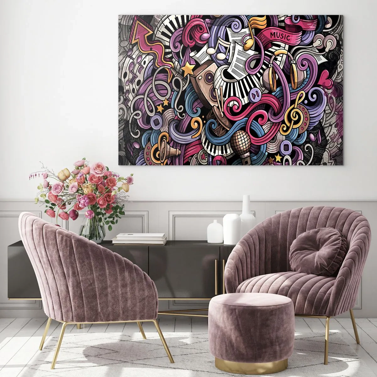 Üveg kép - Színes zenei témák hangjegyekkel és hangszerekkel - 70x50cm - Bonyolult dallam - Modern fali dekoráció nappalihoz és hálószobához ARTTOR