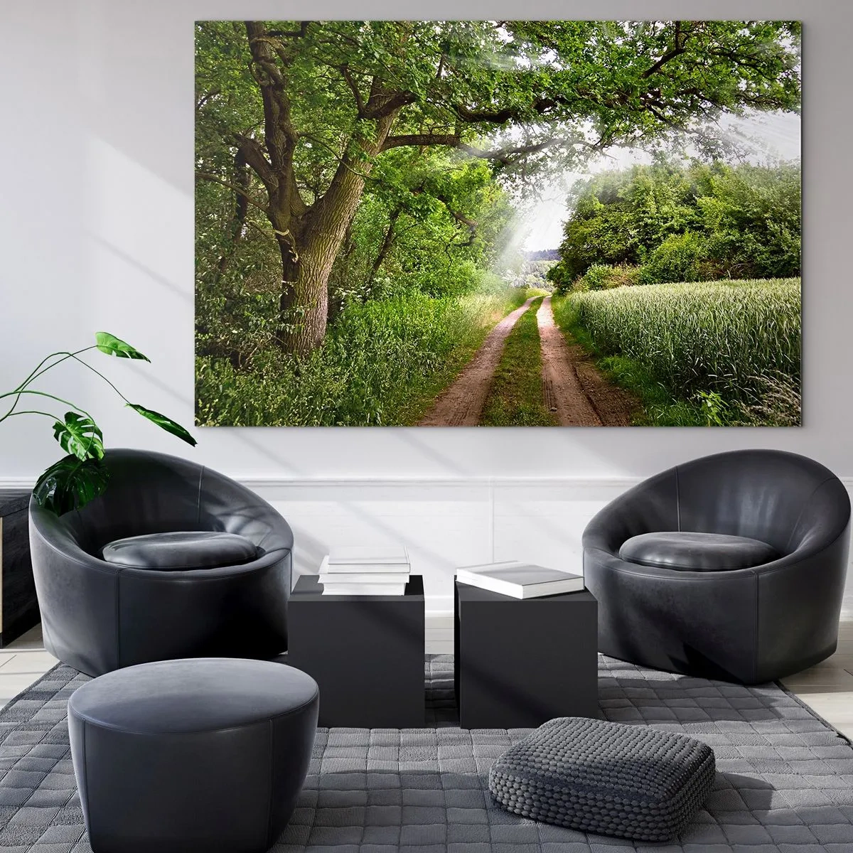 Üveg kép - Egy erdei út, zöld növényzettel körülvéve a nap sugaraiban - 70x50cm - Et in Arcadia ego - Modern fali dekoráció nappalihoz és hálószobához ARTTOR