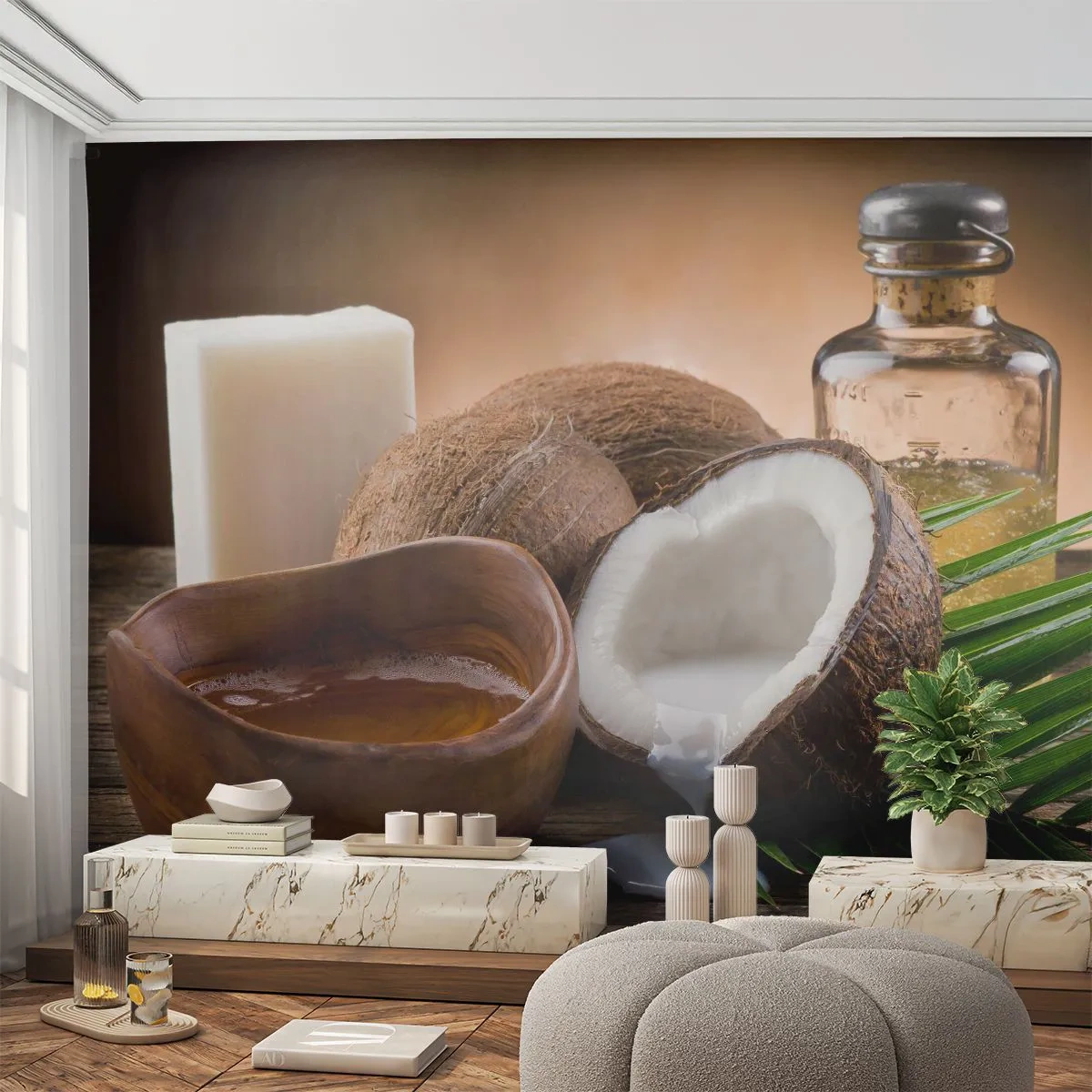 Fotótapéta Premium Sand - Egészség a trópusi szigetekről - Kókuszdió, Gyógyfürdő, Kókuszolaj - 200x140 cm