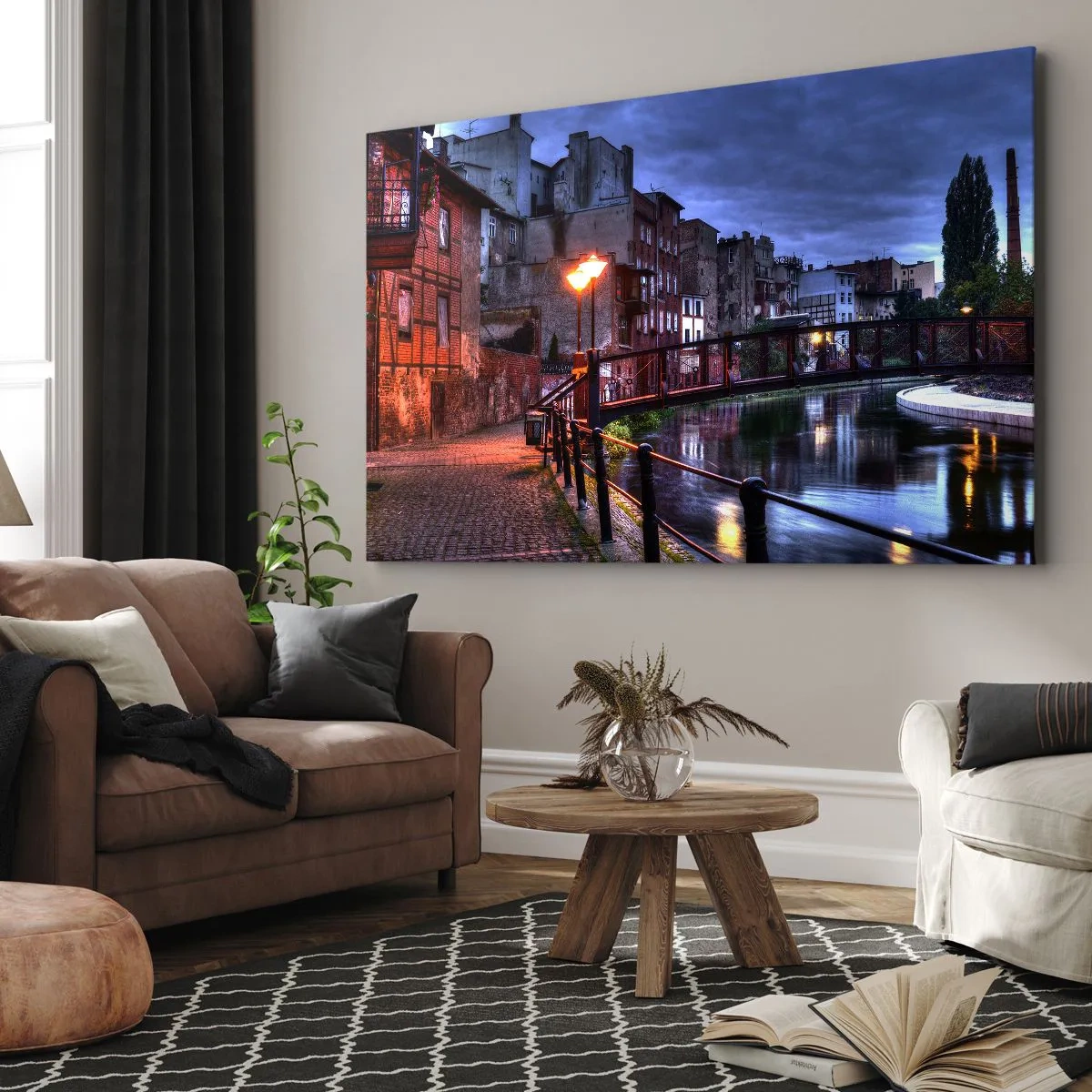 Vászonkép - Esti látkép a bérházakról és a csatorna felett átívelő hídról - 70x50cm - Nem ismerte így Bydgoszczot - Modern fali dekoráció nappalihoz és hálószobához ARTTOR