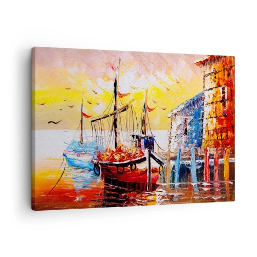 Vászonkép - Festői kikötő naplementekor halászhajókkal - 70x50cm - Boldog visszatérés - Modern fali dekoráció nappalihoz és hálószobához ARTTOR