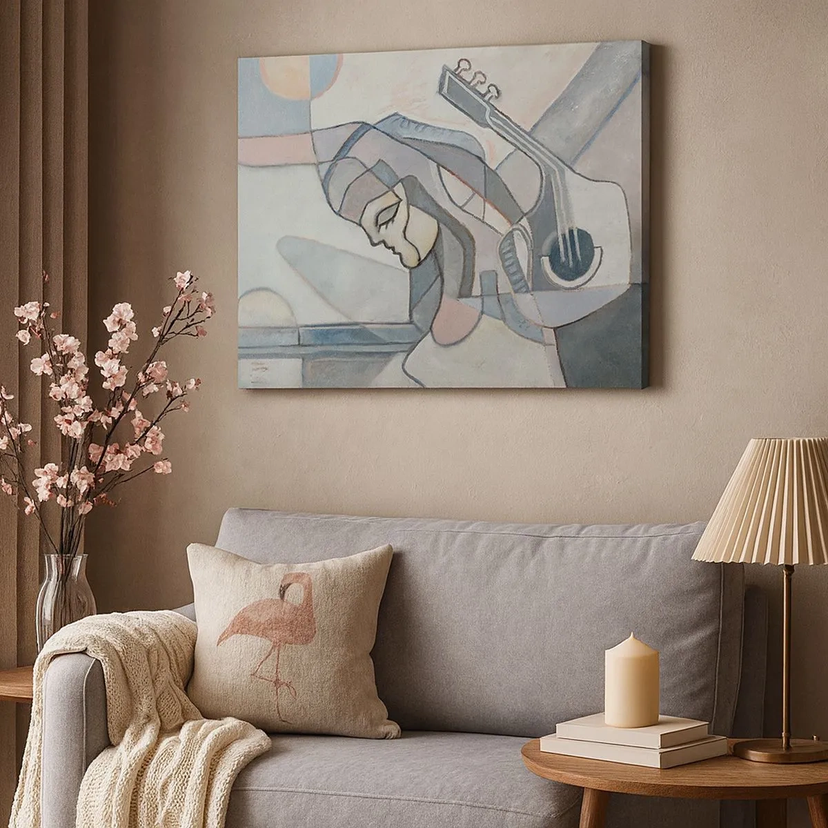 Vászonkép - Egy absztrakt figura pasztellszínű gitárral. - 70x50cm - A zene erejében - Modern fali dekoráció nappalihoz és hálószobához ARTTOR