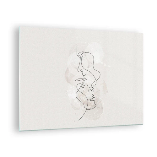 Üveg kép - Két ember arcának minimalista rajza egy finom, érzéki ölelésben. - 70x50cm - Ölelésbe gabalyodva - Modern fali dekoráció nappalihoz és hálószobához ARTTOR