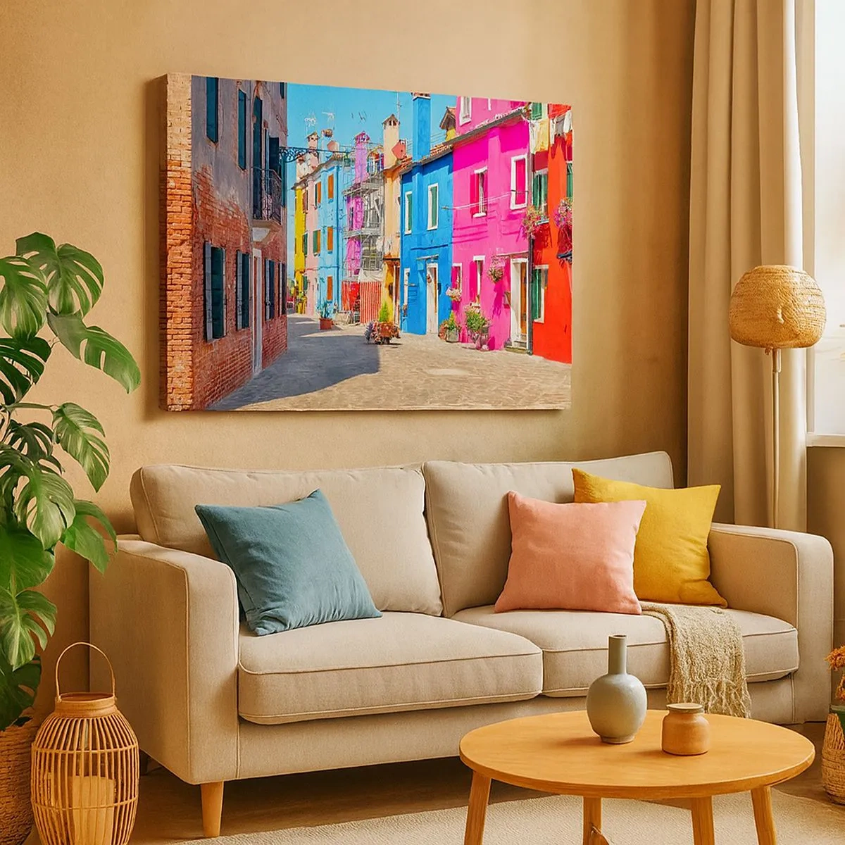Vászonkép - Színes épületek egy keskeny városi utcában - 70x50cm - Város "A papagájoknál" - Modern fali dekoráció nappalihoz és hálószobához ARTTOR