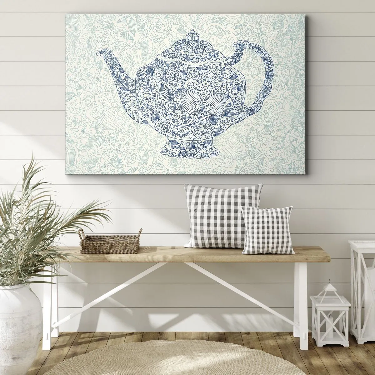 Vászonkép - Kék díszekkel díszített teáskanna dekoratív rajza - 70x50cm - Tea varázsa - Modern fali dekoráció nappalihoz és hálószobához ARTTOR