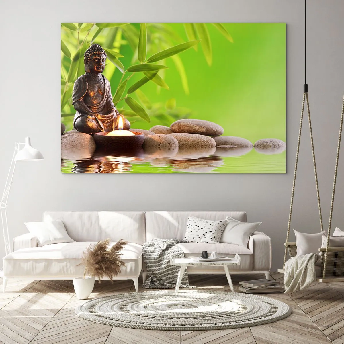 Üveg kép - Egy Buddha-alak égő gyertyával zöld környezetben - 70x50cm - Az élet gyönyörű - Modern fali dekoráció nappalihoz és hálószobához ARTTOR