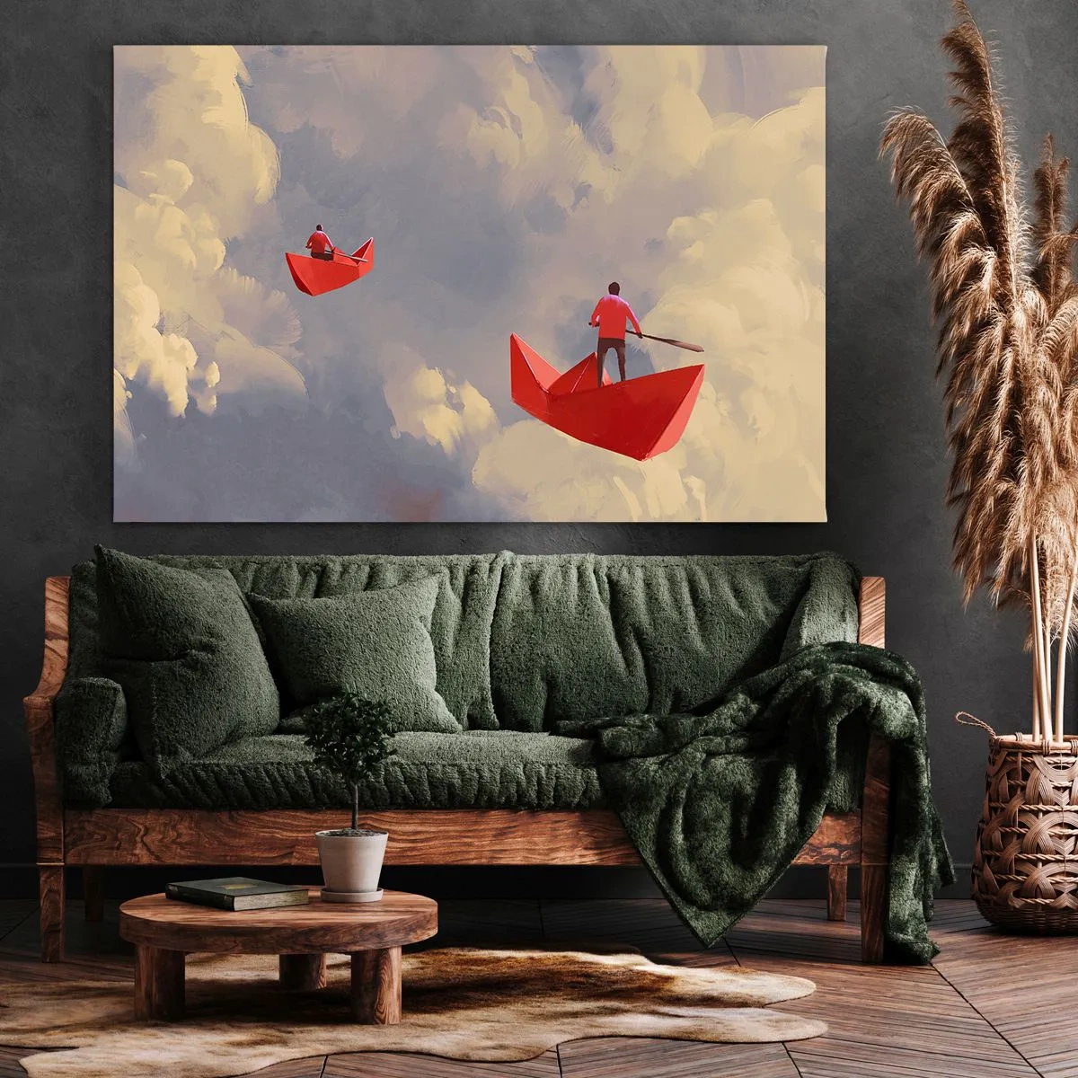 Vászonkép - Piros papírhajók úsznak a felhőkben - 70x50cm - Álmodozók expedíciója - Modern fali dekoráció nappalihoz és hálószobához ARTTOR