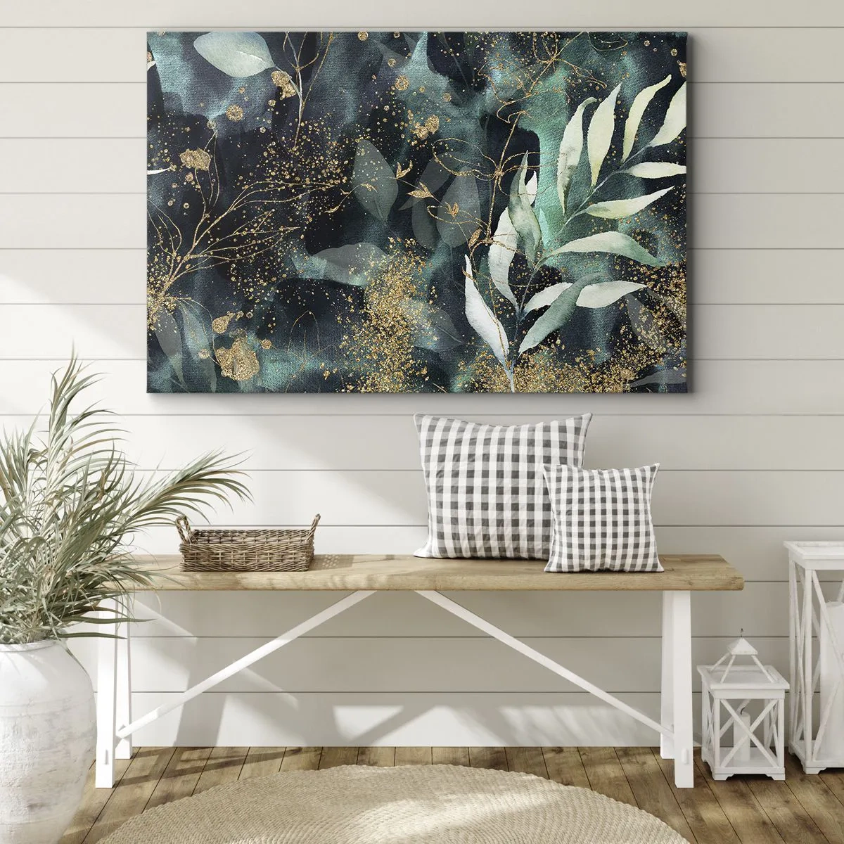 Vászonkép - Elegáns levelek sötét alapon, arany díszítéssel - 70x50cm - Elvarázsolt kert - Modern fali dekoráció nappalihoz és hálószobához ARTTOR