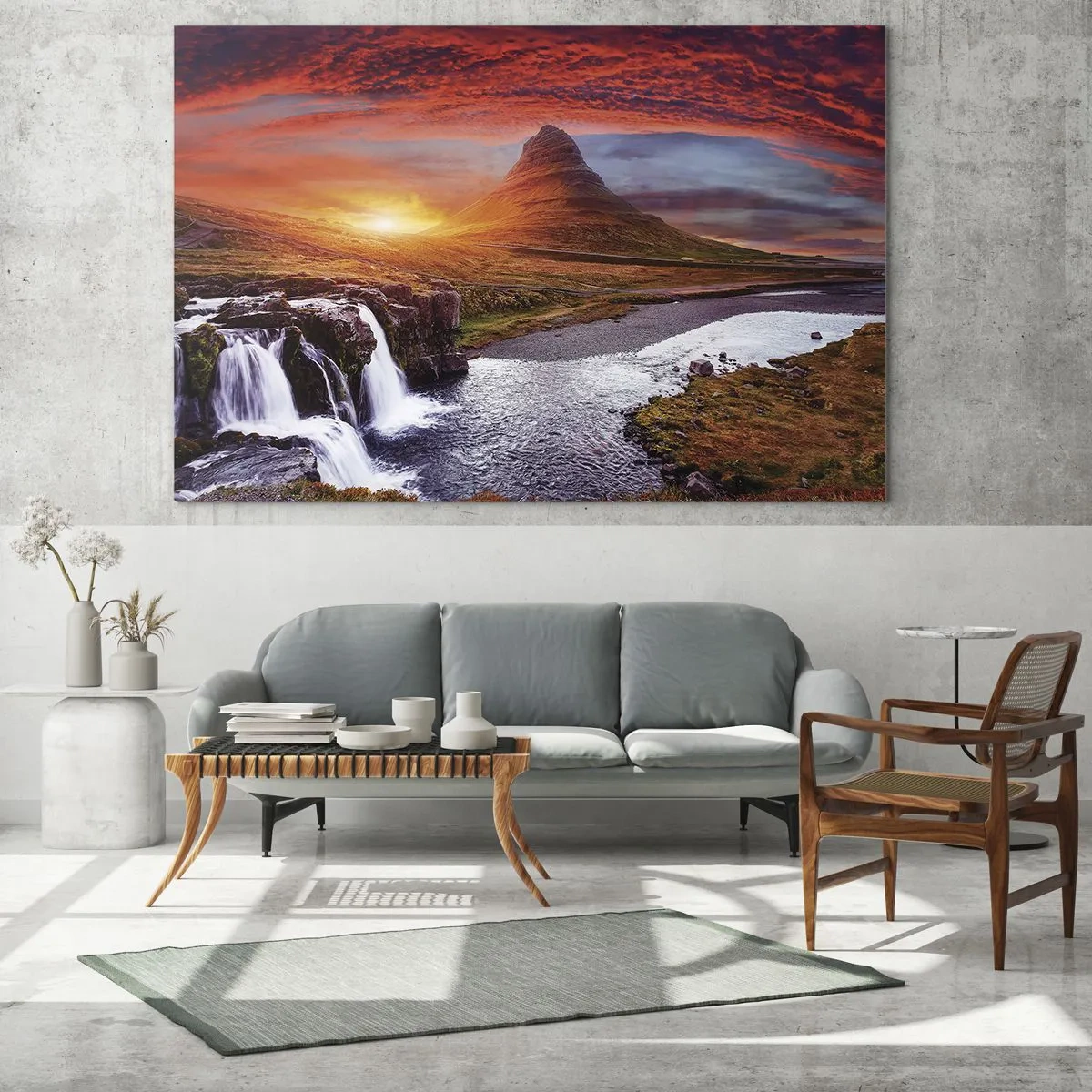 Üveg kép - Hegyi táj vízeséssel és naplementével - 70x50cm - Középfölde kilátása - Modern fali dekoráció nappalihoz és hálószobához ARTTOR