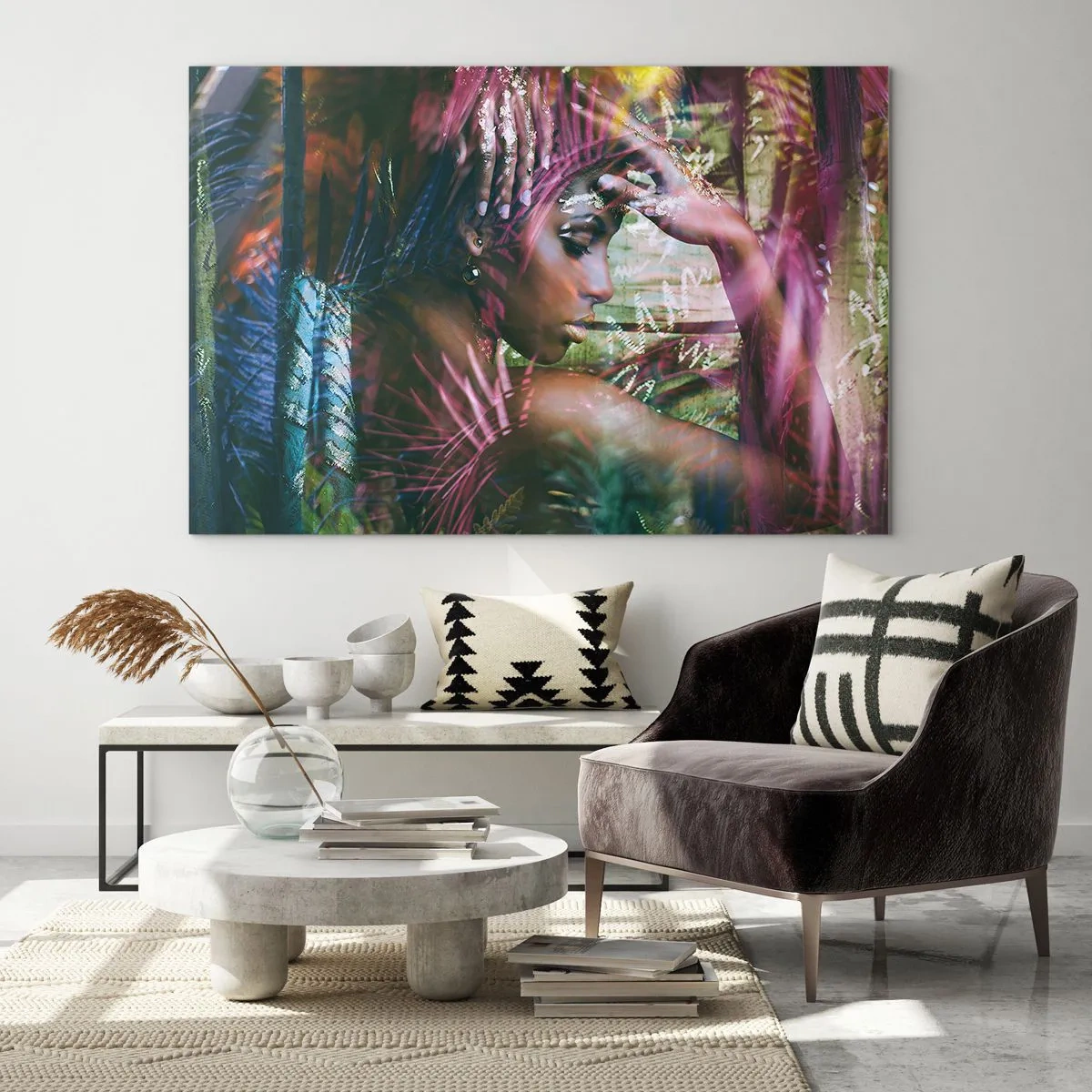Üveg kép - Egy női portré trópusi levelek és a fény tükröződései között. - 70x50cm - Anyatermészet a dzsungelben - Modern fali dekoráció nappalihoz és hálószobához ARTTOR