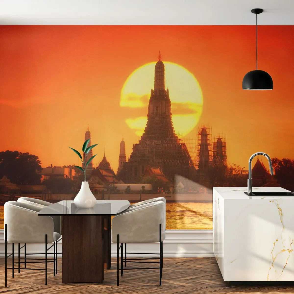 Fotótapéta Premium Sand - Nap felé, mindig nap felé - Bangkok, Hajnal temploma, Thaiföld - 250x175 cm