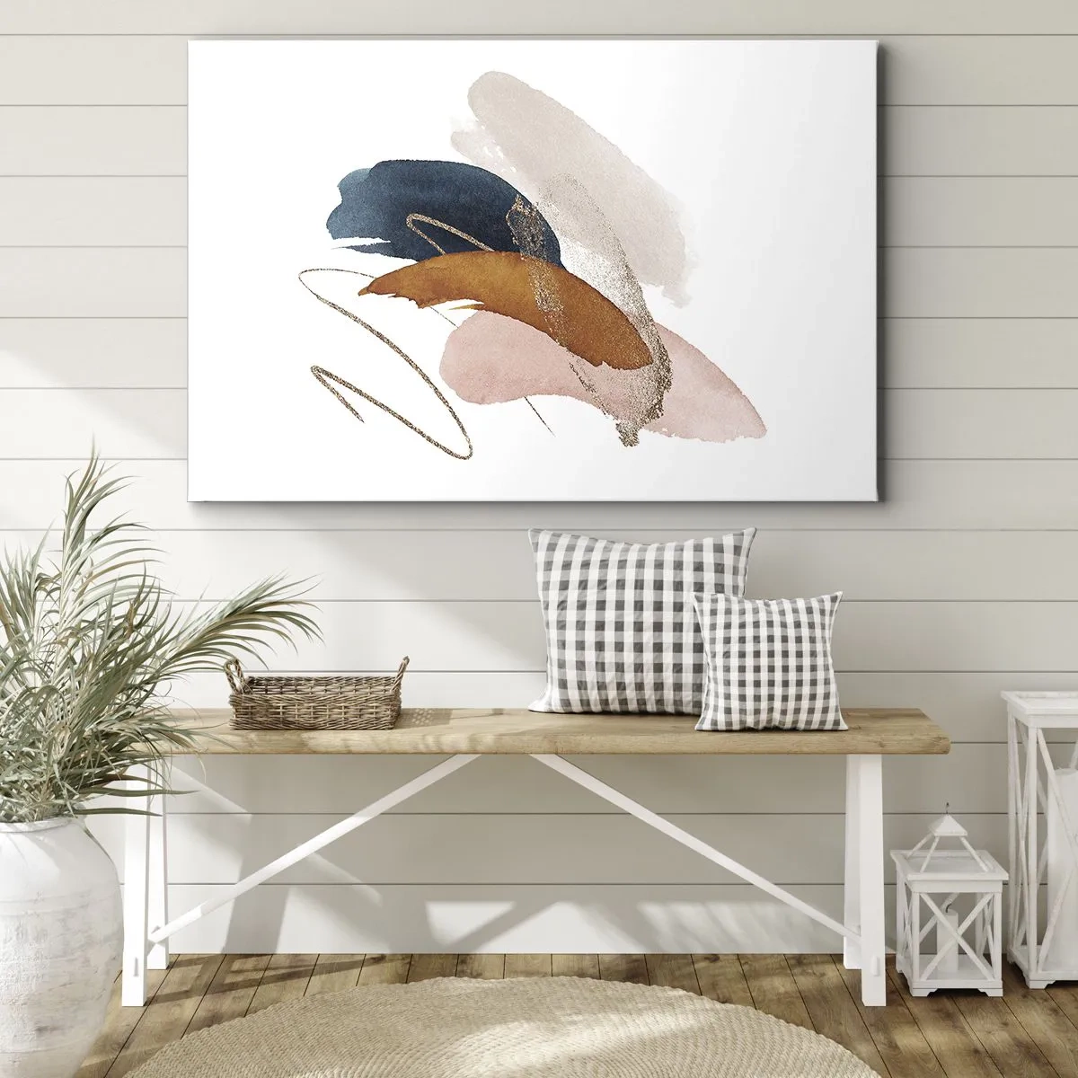 Vászonkép - Absztrakt pasztellszínű ecsetvonások arany díszítéssel - 70x50cm - Szárnyas kompozíció - Modern fali dekoráció nappalihoz és hálószobához ARTTOR