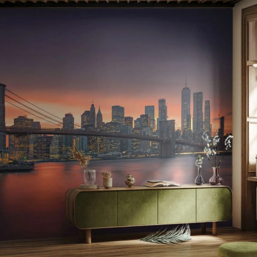 Fotótapéta Premium Sand - Lila csendbe merülve - New York, Város, Brooklyn híd - 100x70 cm