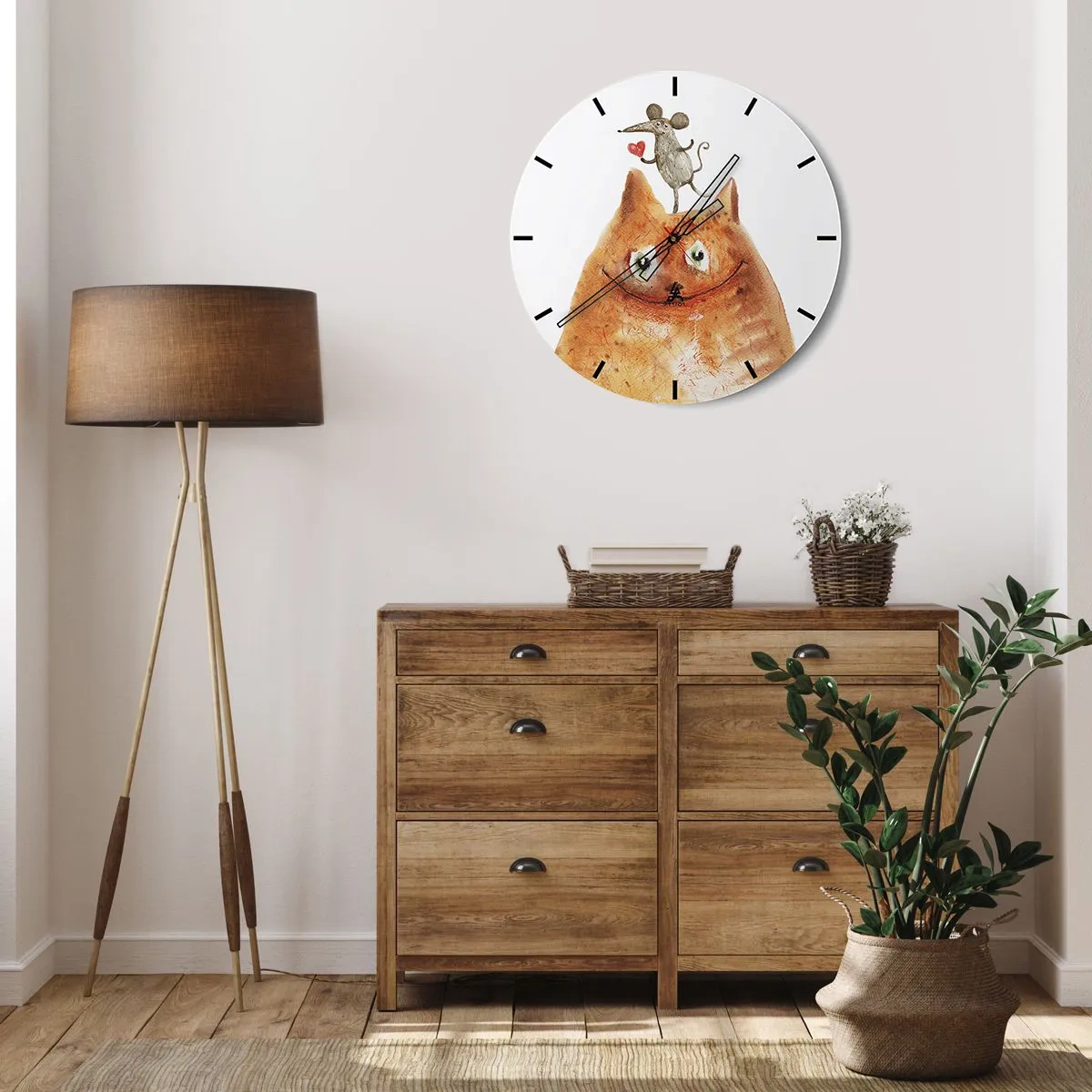 Falióra, Óra - Illusztráció egy macska és egér egy szívvel humoros stílusban - 30x30cm - A szerelem paradoxonjai - Modern fali dekoráció nappalihoz, konyhához és hálószobához ARTTOR