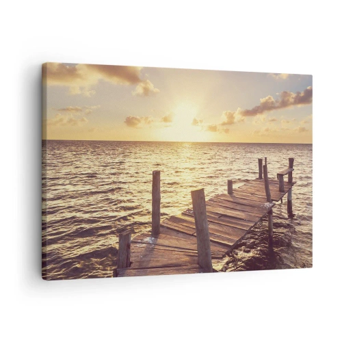 Vászonkép - Egy fa móló vezet a naplemente felé - 70x50cm - A szelídség aranyföldje - Modern fali dekoráció nappalihoz és hálószobához ARTTOR