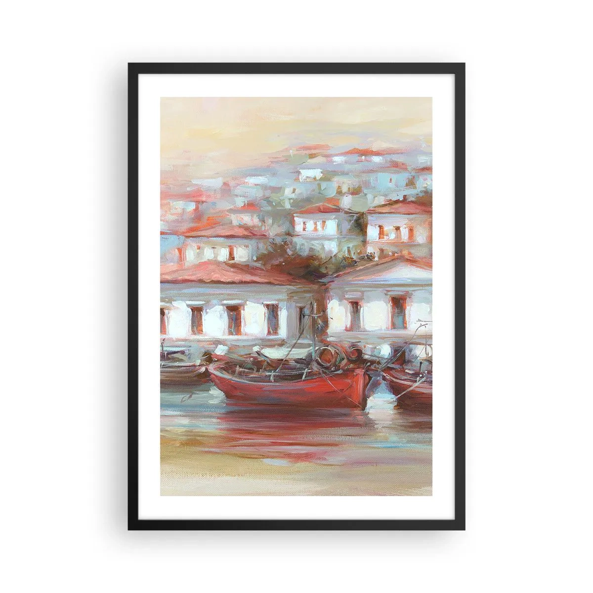 Poszter fehér keretben - Egy színes város csónakokkal a parton - 50x70cm - Boldog kisváros - Modern fali dekoráció nappalihoz és hálószobához ARTTOR