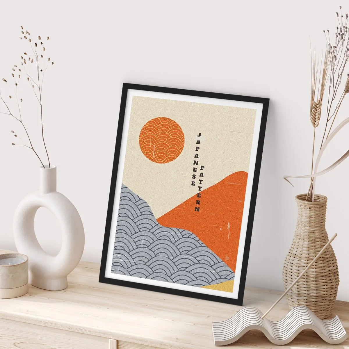 Poszter fehér keretben - Minimalista japán minta hullámokkal és nappal - 50x70cm - A japán szellemben - Modern fali dekoráció nappalihoz és hálószobához ARTTOR
