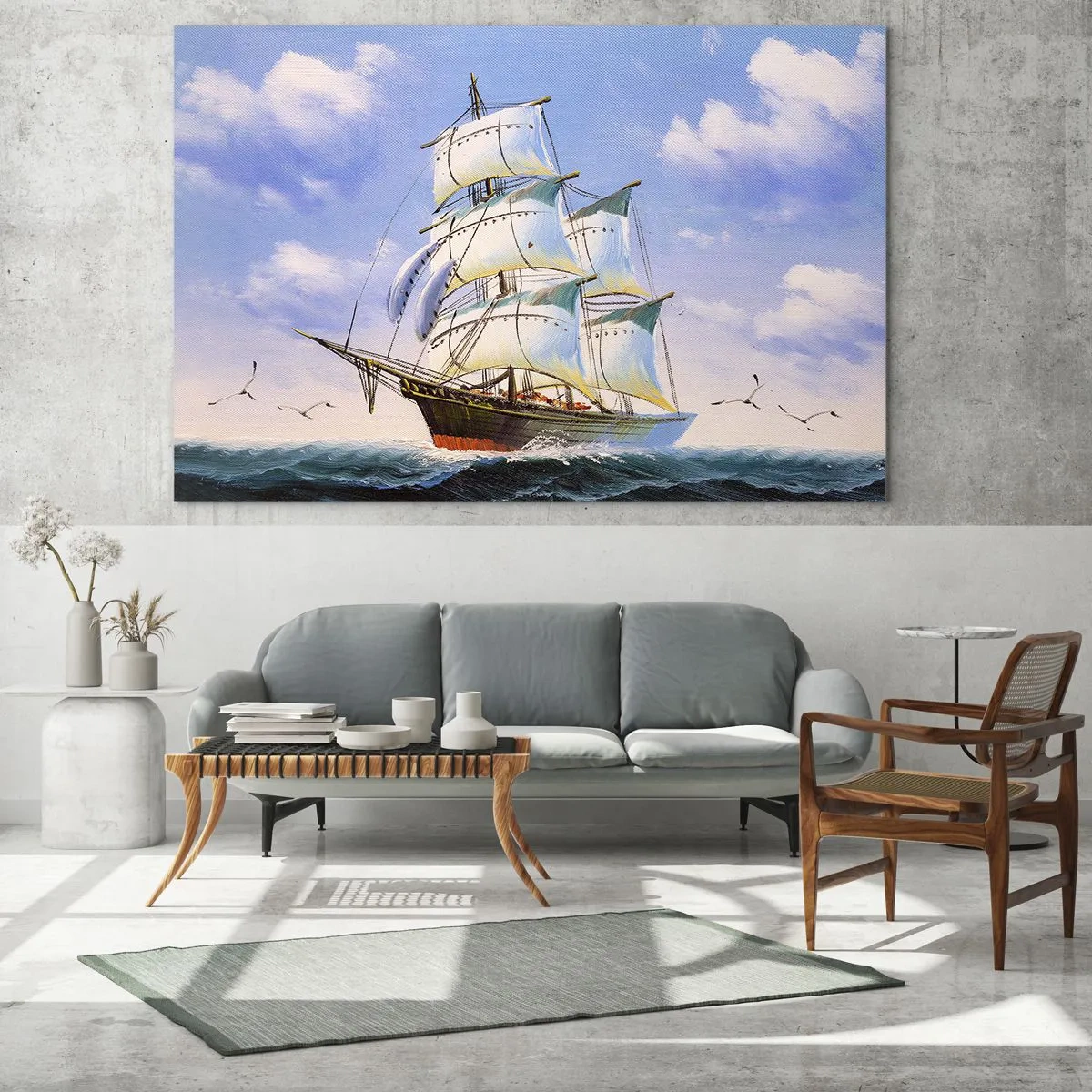 Üveg kép - Egy vitorlás hajó a nyílt tengeren, kék ég alatt - 70x50cm - Büszkén a széllel - Modern fali dekoráció nappalihoz és hálószobához ARTTOR