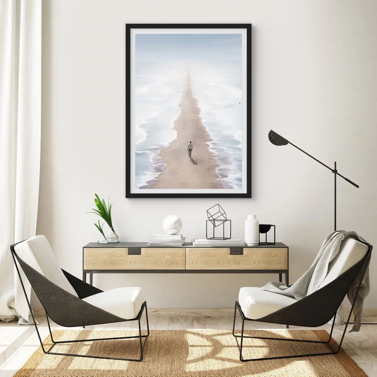 Poszter fehér keretben - Egy alak egyedül sétál egy ösvényen a nyugodt vizek között. - 50x70cm - Fényes jövő - Modern fali dekoráció nappalihoz és hálószobához ARTTOR