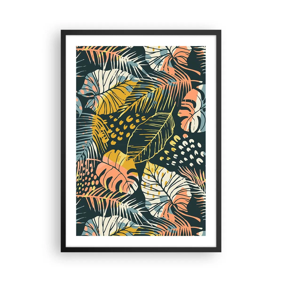 Poszter fehér keretben - Színes trópusi levélminta zöld, sárga és rózsaszín árnyalatokban. - 50x70cm - Leveles fantázia - Modern fali dekoráció nappalihoz és hálószobához ARTTOR