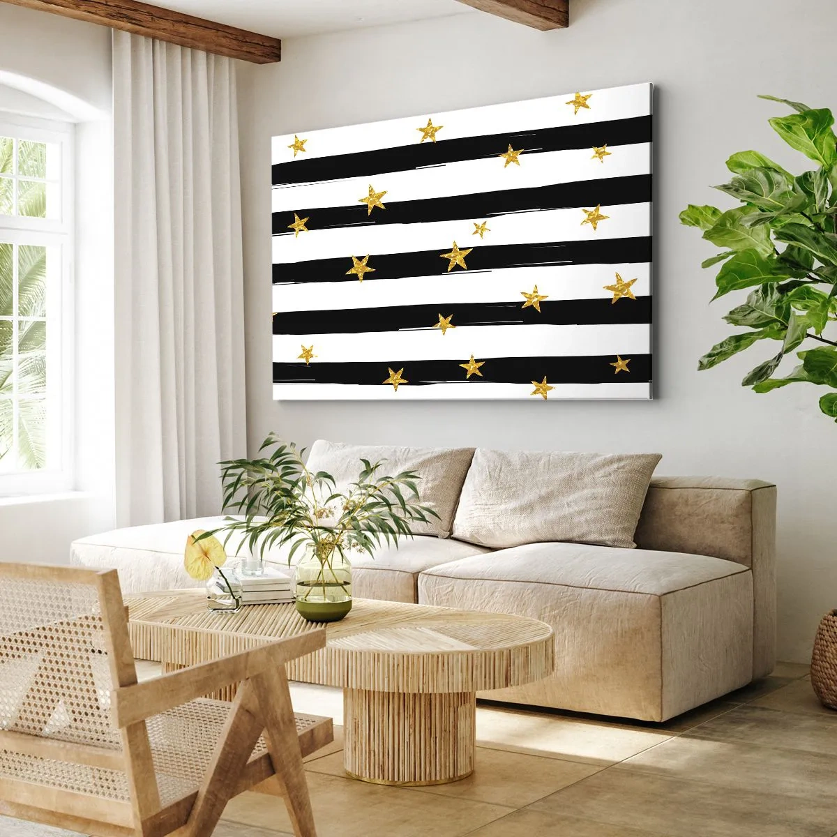Vászonkép - Fekete-fehér csíkok arany csillagokkal - 70x50cm - Mindannyian szerencsés csillag alatt születtünk - Modern fali dekoráció nappalihoz és hálószobához ARTTOR