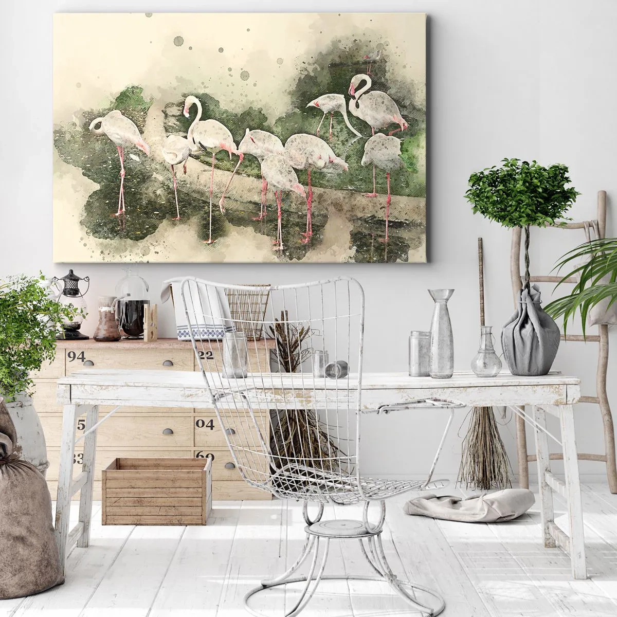 Vászonkép - Flamingók természetes környezetükben akvarell stílusban - 70x50cm - Egzotikus álom - Modern fali dekoráció nappalihoz és hálószobához ARTTOR
