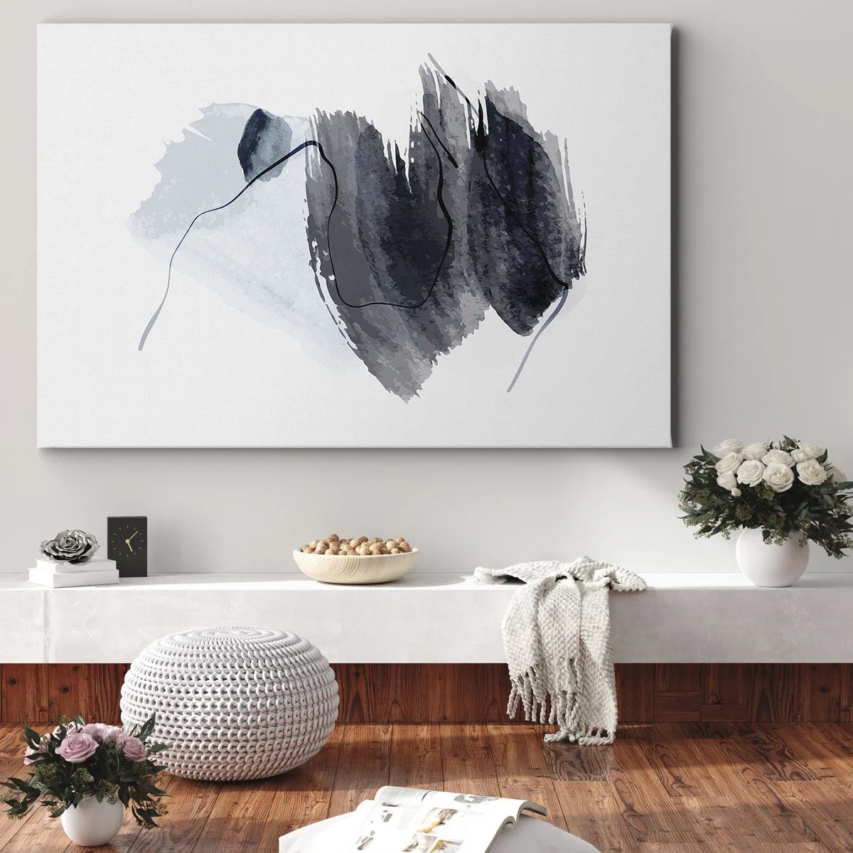 Vászonkép - Absztrakt kompozíció szürke és kék árnyalatokban - 70x50cm - Intenzitás és mozgás - Modern fali dekoráció nappalihoz és hálószobához ARTTOR