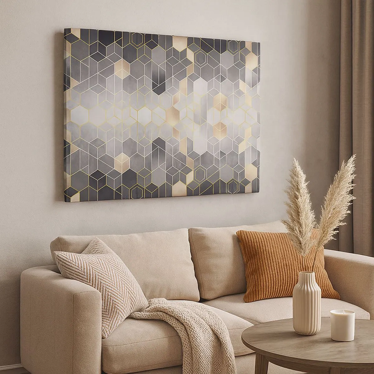 Vászonkép - Geometrikus minta arany árnyalatokban - 70x50cm - Gyémánt kompozíció - Modern fali dekoráció nappalihoz és hálószobához ARTTOR