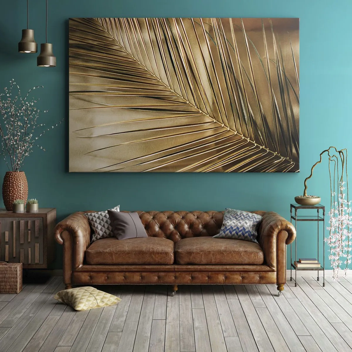 Vászonkép - Arany pálmalevél szilárd háttéren - 70x50cm - Természetes oszlopsor - Modern fali dekoráció nappalihoz és hálószobához ARTTOR