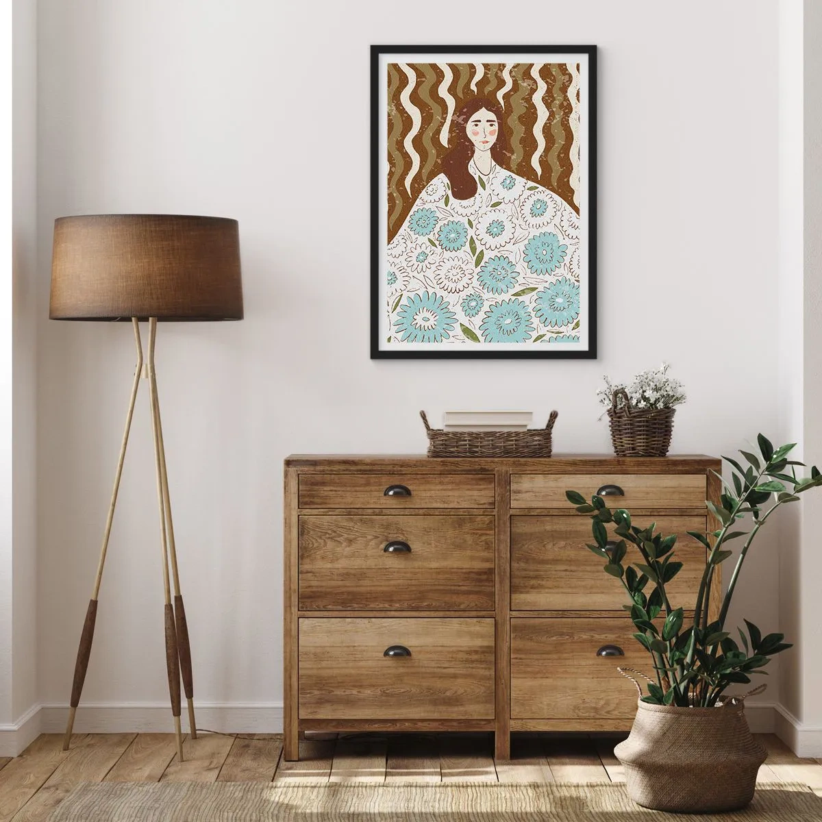 Poszter fehér keretben - Stilizált portré egy virágmintás ruhás nőről hullámos minták hátterében. - 50x70cm - Portré virágos köntösben - Modern fali dekoráció nappalihoz és hálószobához ARTTOR