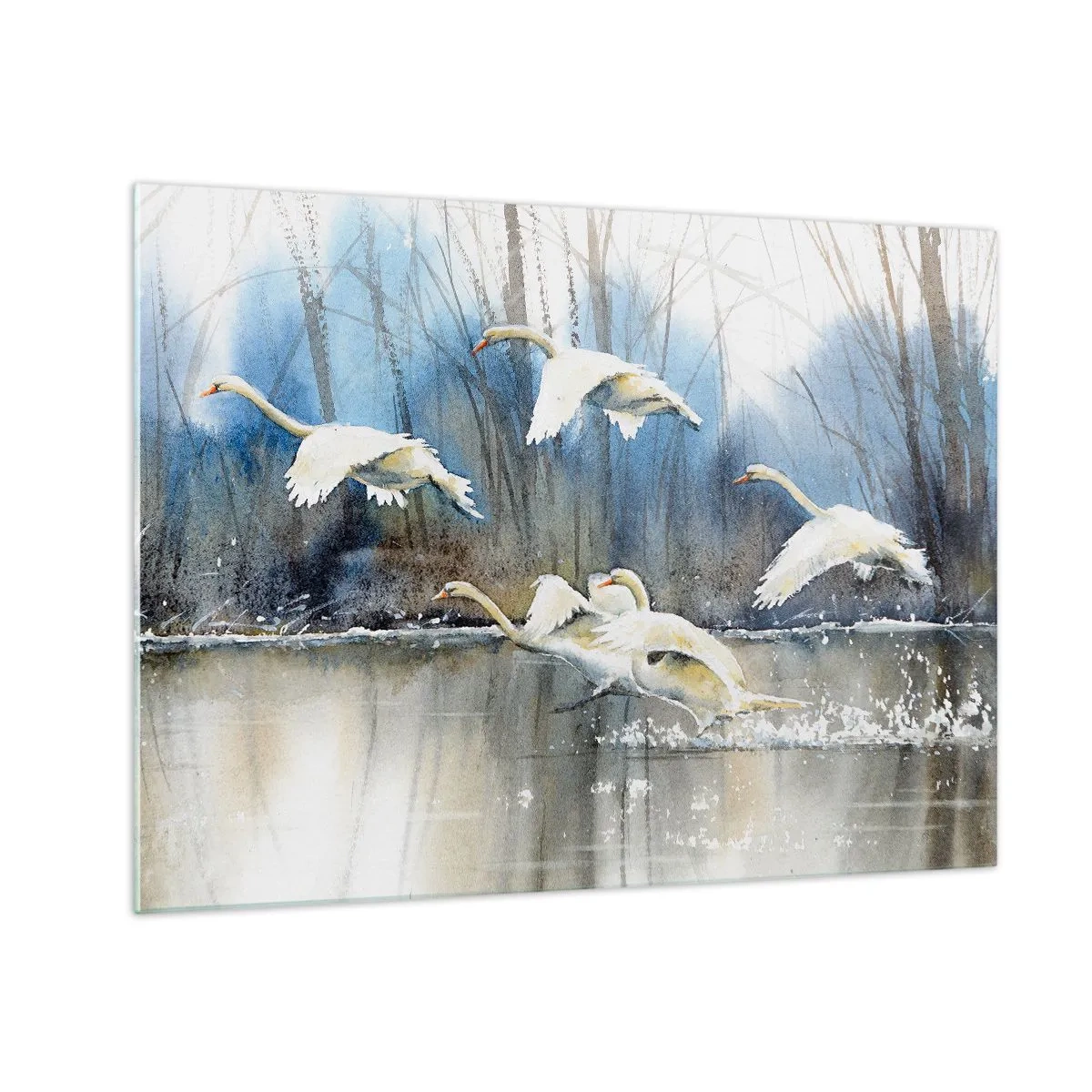Üveg kép - Vadhattyúk repülnek egy békés erdei tó felett - 70x50cm - Mint a vadhattyúkról szóló mesében - Modern fali dekoráció nappalihoz és hálószobához ARTTOR