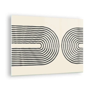 Üveg kép - Egy fekete-fehér absztrakt festmény, amely ív alakú vonalakat ábrázol. - 70x50cm - Bármelyik percben ... - Modern fali dekoráció nappalihoz és hálószobához ARTTOR