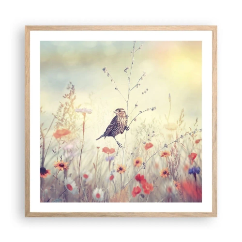 Poszter világos tölgy keretben - Madárportré egy réttel a háttérben - 60x60 cm