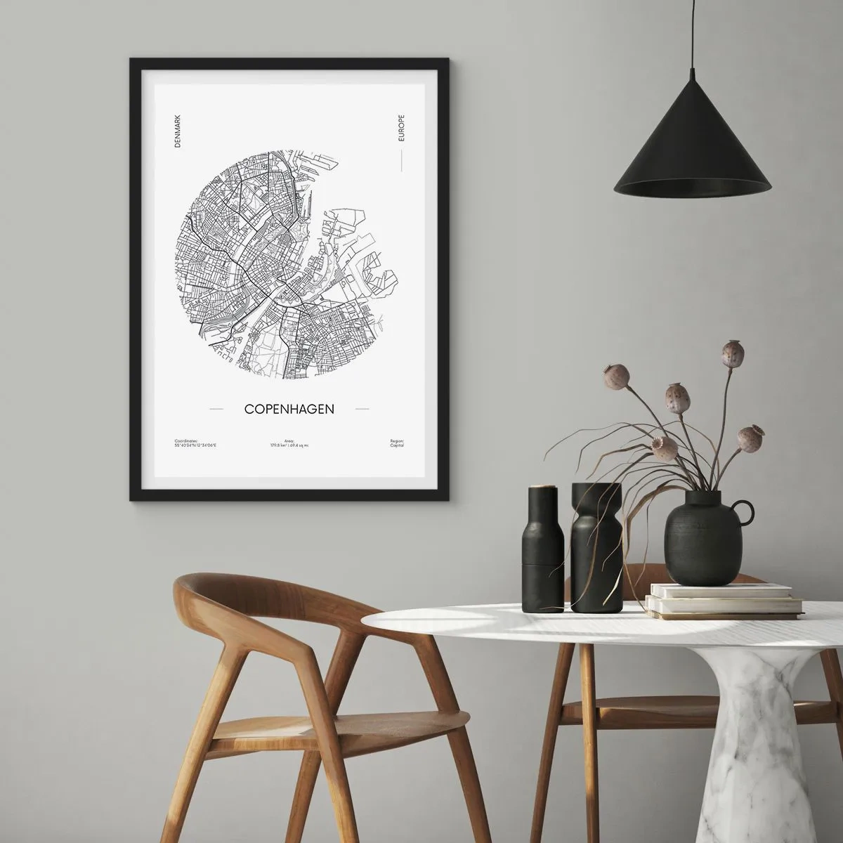 Poszter fehér keretben - Koppenhága minimalista fekete-fehér térképe. - 50x70cm - Koppenhága anatómiája - Modern fali dekoráció nappalihoz és hálószobához ARTTOR