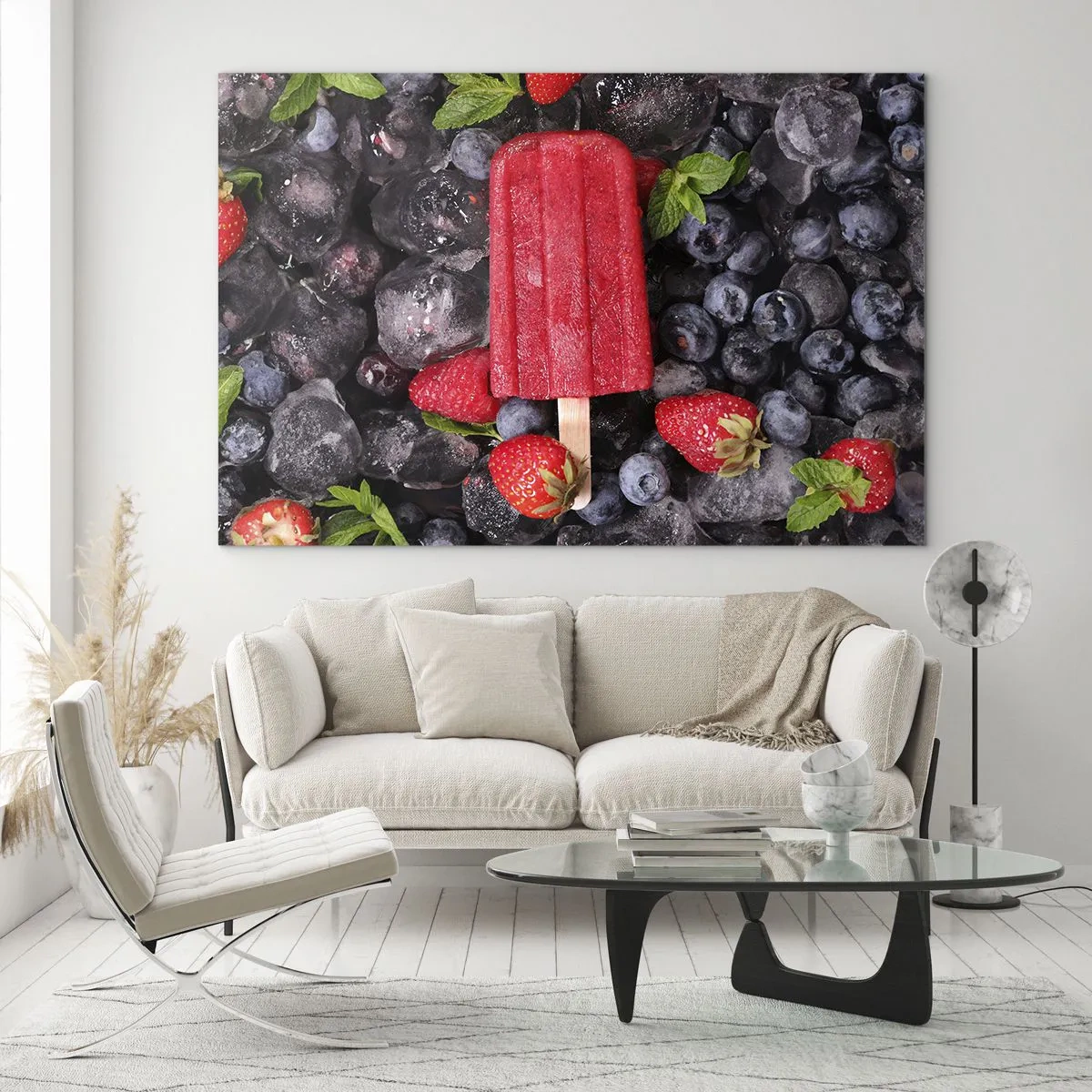 Üveg kép - Egy jégkrémpálcika fagyasztott gyümölcsök és mentalevelek között - 70x50cm - A forró nyár íze - Modern fali dekoráció nappalihoz és hálószobához ARTTOR