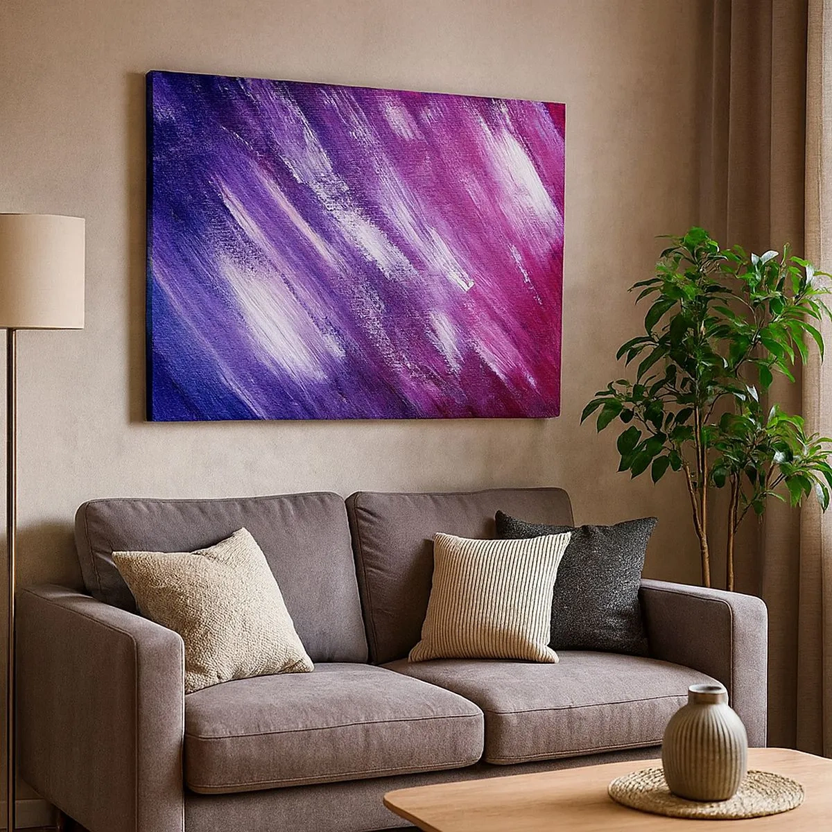 Vászonkép - Absztrakt ecsetvonások lila és rózsaszín árnyalatokban - 70x50cm - Amikor napsütéses szél fúj - Modern fali dekoráció nappalihoz és hálószobához ARTTOR