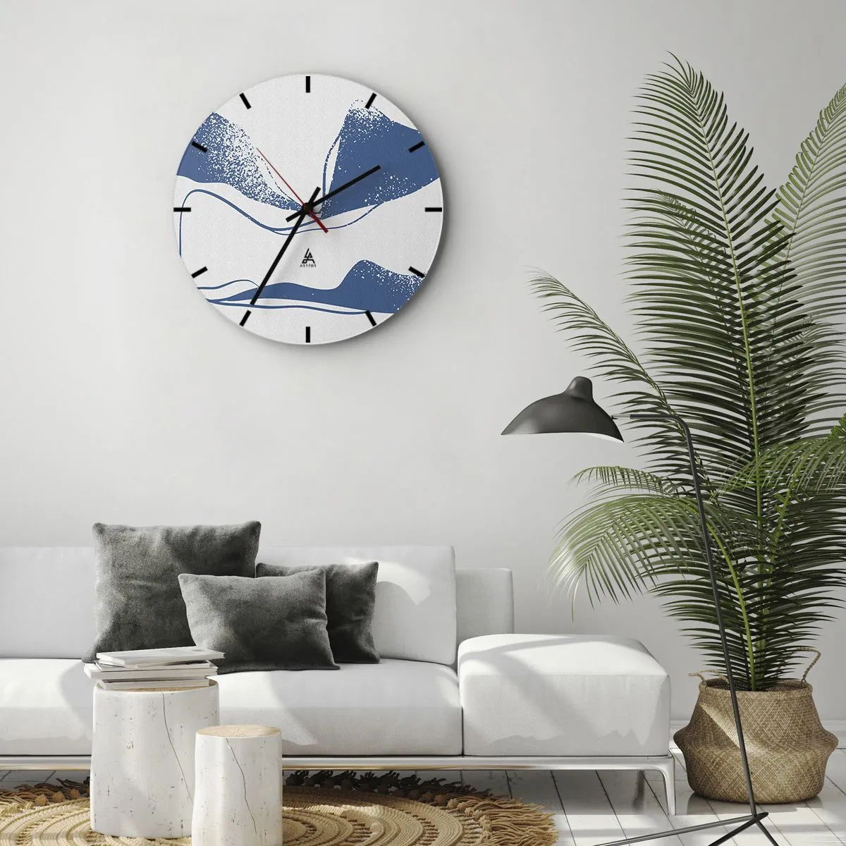 Falióra, Óra - Grafikus absztrakció kék szárnyakkal fehér alapon - 30x30cm - Szárnyas absztrakció - Modern fali dekoráció nappalihoz, konyhához és hálószobához ARTTOR