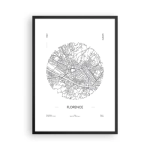 Poszter fehér keretben - Firenze minimalista térképe fekete-fehérben. - 50x70cm - Firenze anatómiája - Modern fali dekoráció nappalihoz és hálószobához ARTTOR