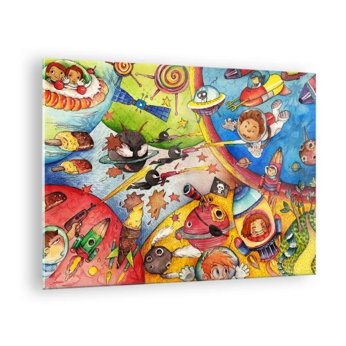 Üveg kép - Egy színes illusztráció egy űrkalandról gyerekeknek - 70x50cm - Nagy űrkaland - Modern fali dekoráció nappalihoz és hálószobához ARTTOR