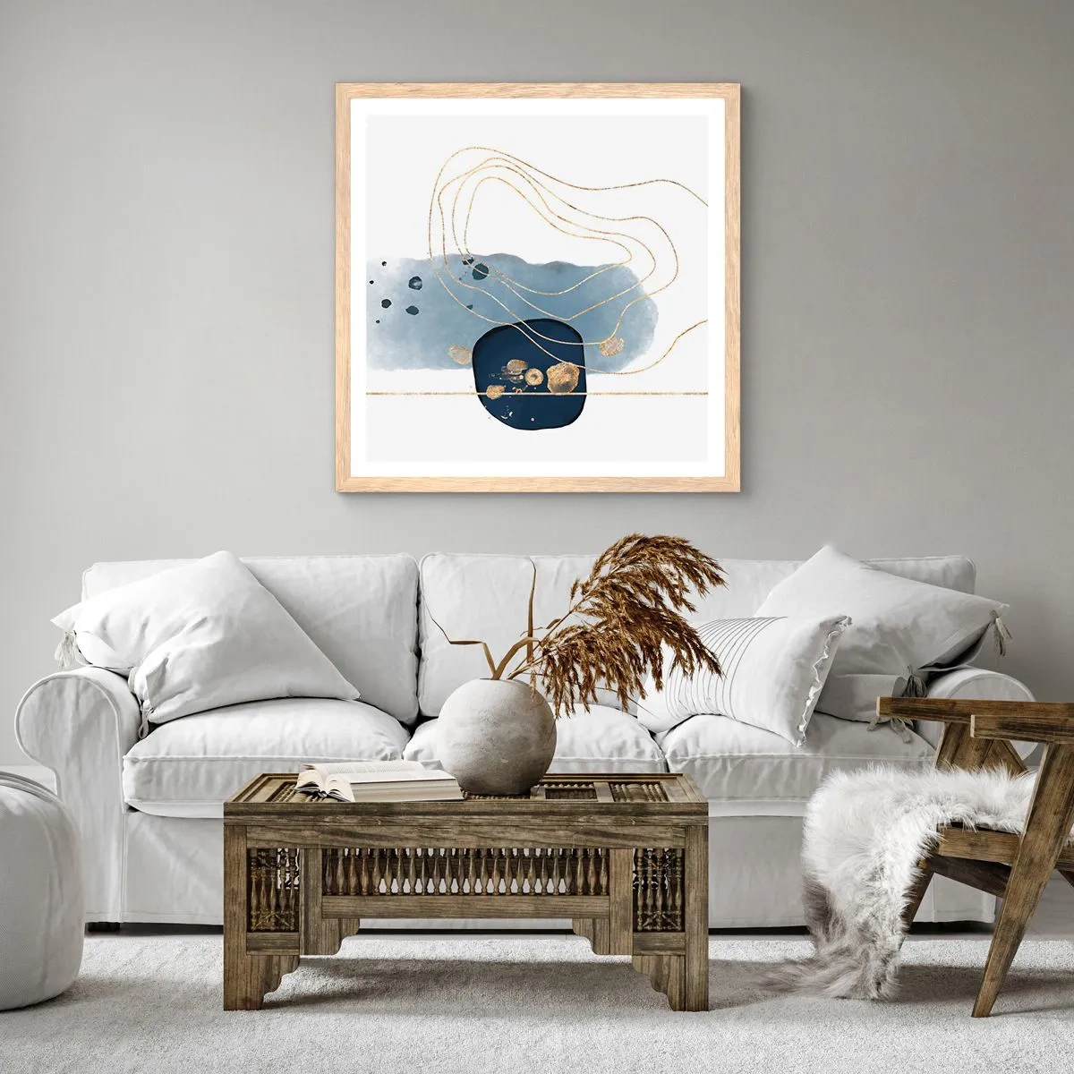 Poszter világos tölgy keretben - Kékes-arany fantázia - 50x50 cm