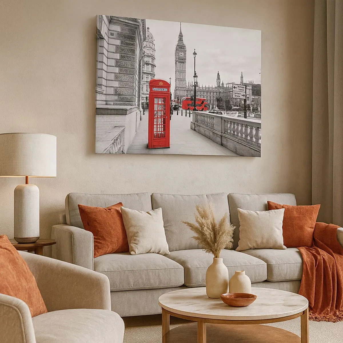 Vászonkép - Egy piros telefonfülke, a háttérben a Big Bennel Londonban - 70x50cm - London, kétségtelenül - Modern fali dekoráció nappalihoz és hálószobához ARTTOR