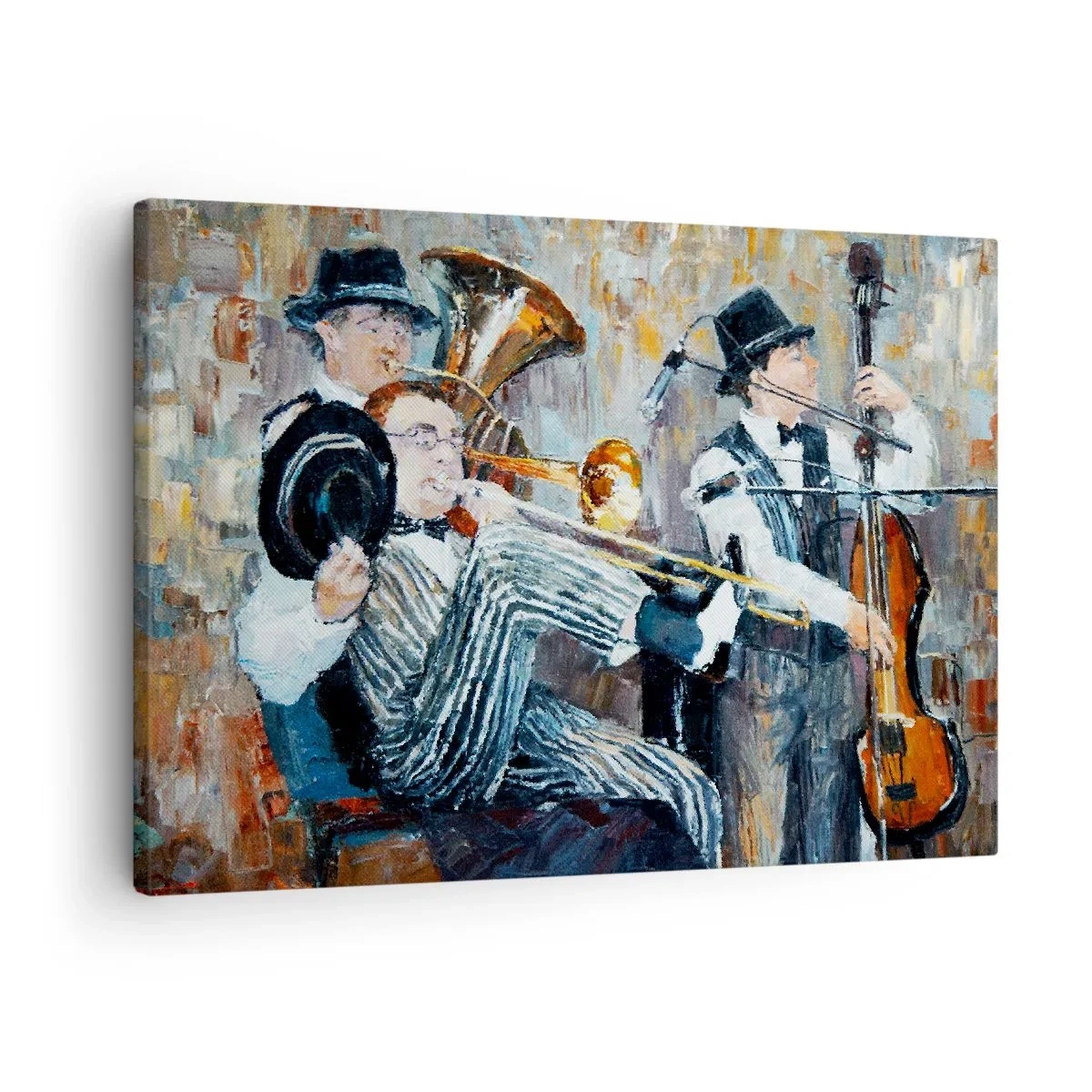 Vászonkép - Jazz zenészek festői stílusban egy koncerten - 70x50cm - Az egész jazz - Modern fali dekoráció nappalihoz és hálószobához ARTTOR