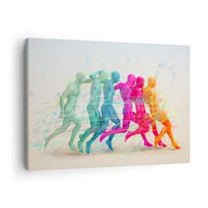 Vászonkép - Mozgásban lévő futók színes sziluettjei - 70x50cm - A mozgás harmóniája - Modern fali dekoráció nappalihoz és hálószobához ARTTOR