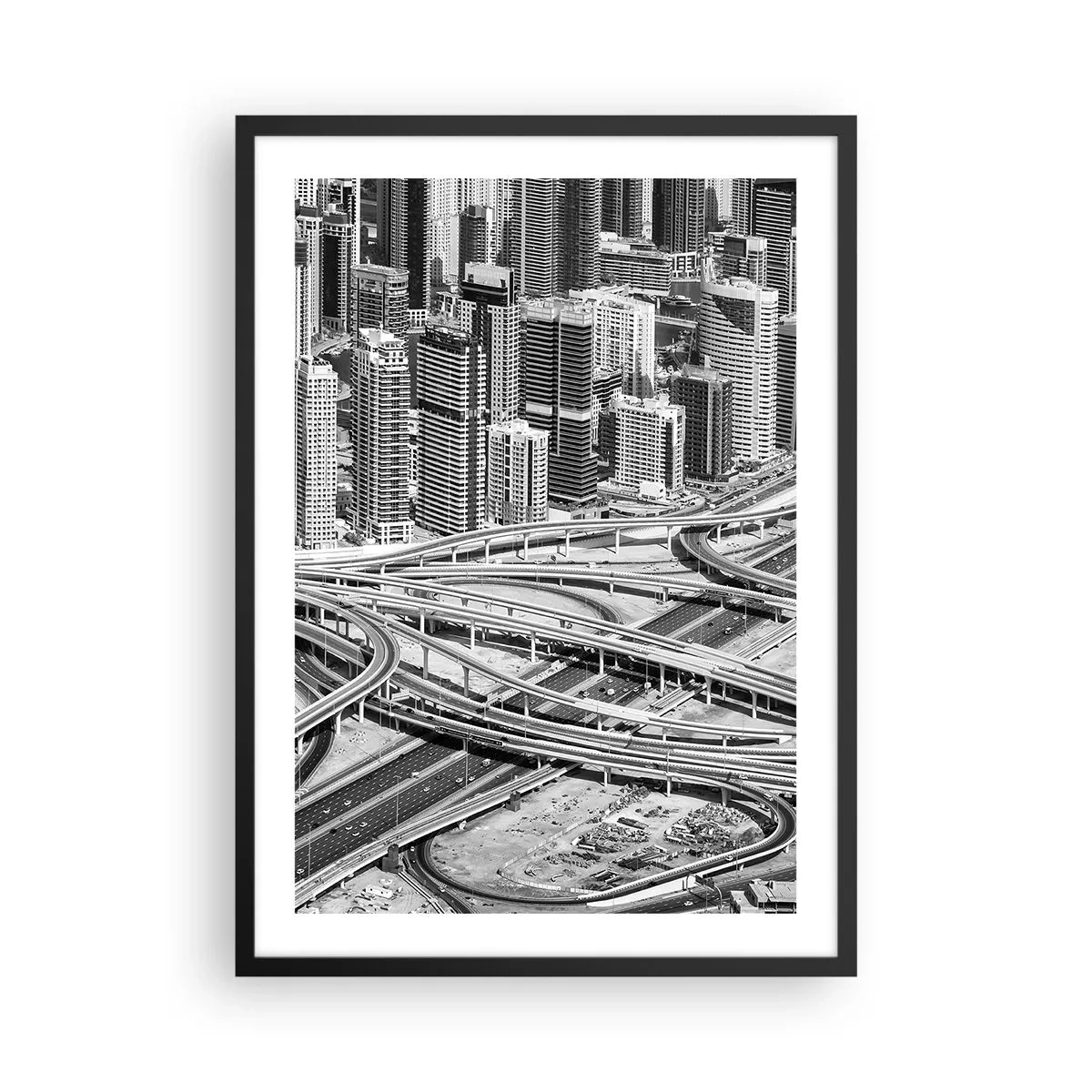 Poszter fehér keretben - Városi panoráma fekete-fehér stílusú úthálózattal - 50x70cm - Dubai – a lehetetlen város - Modern fali dekoráció nappalihoz és hálószobához ARTTOR