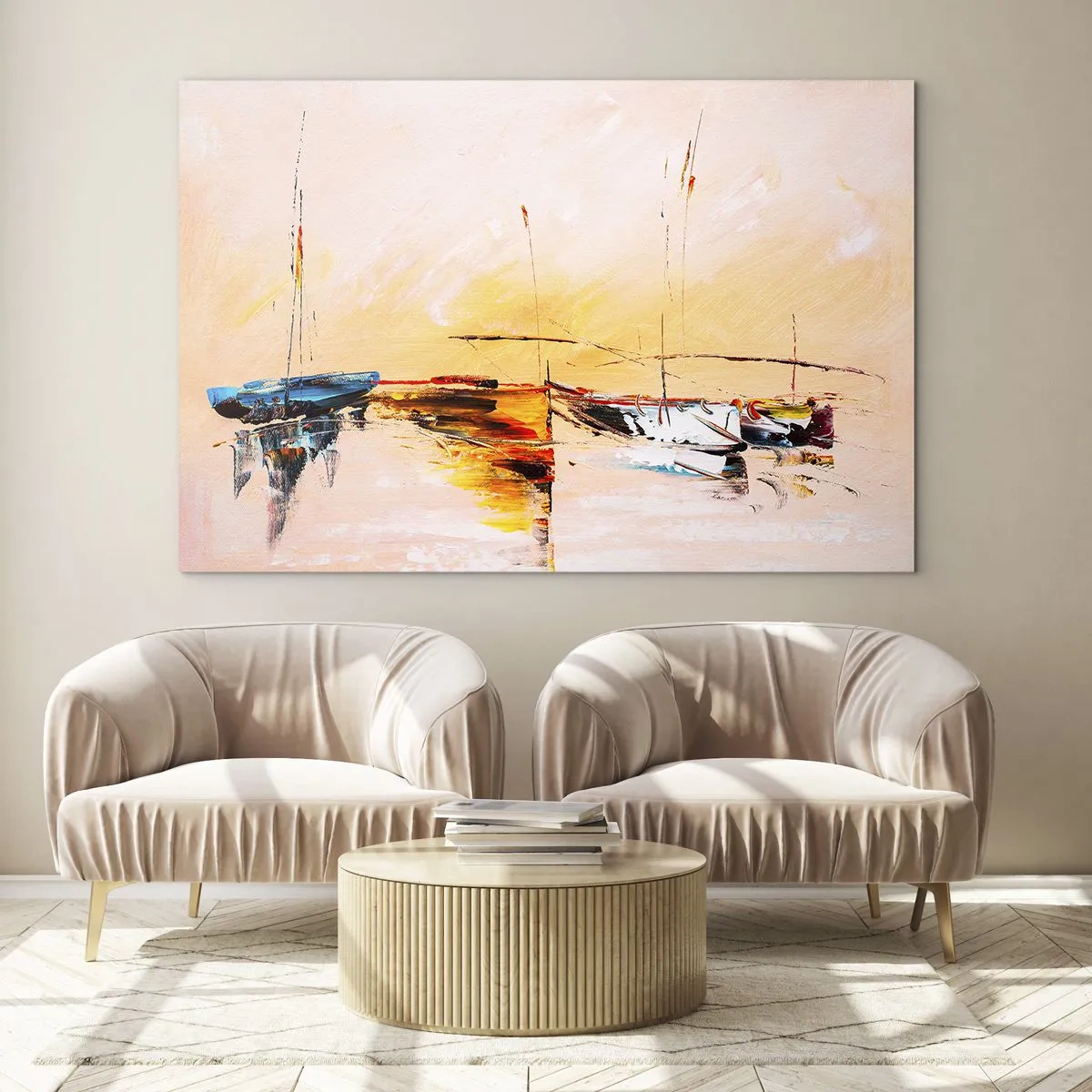 Üveg kép - Színes hajók kikötve egy impresszionista naplemente hátterében - 70x50cm - Egy este a kikötőben - Modern fali dekoráció nappalihoz és hálószobához ARTTOR