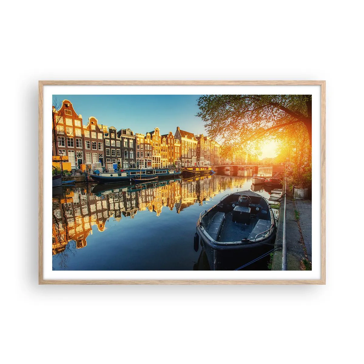Poszter világos tölgy keretben - Reggel Amszterdamban - 100x70 cm