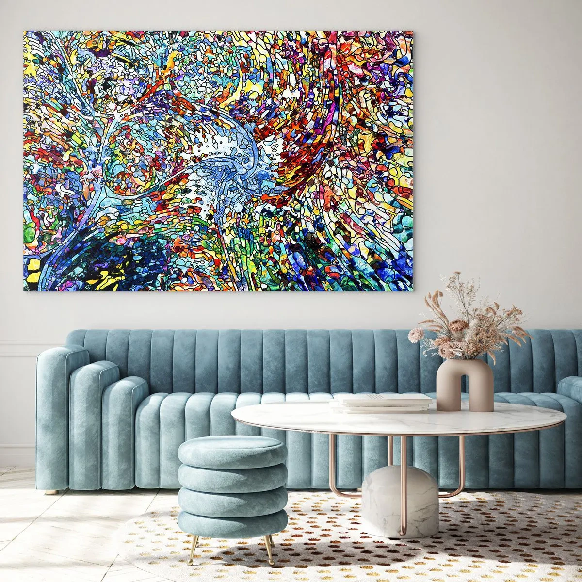 Üveg kép - Színes absztrakt minták, amelyek ólomüvegre emlékeztetnek - 70x50cm - Cseppes ólomüveg - Modern fali dekoráció nappalihoz és hálószobához ARTTOR